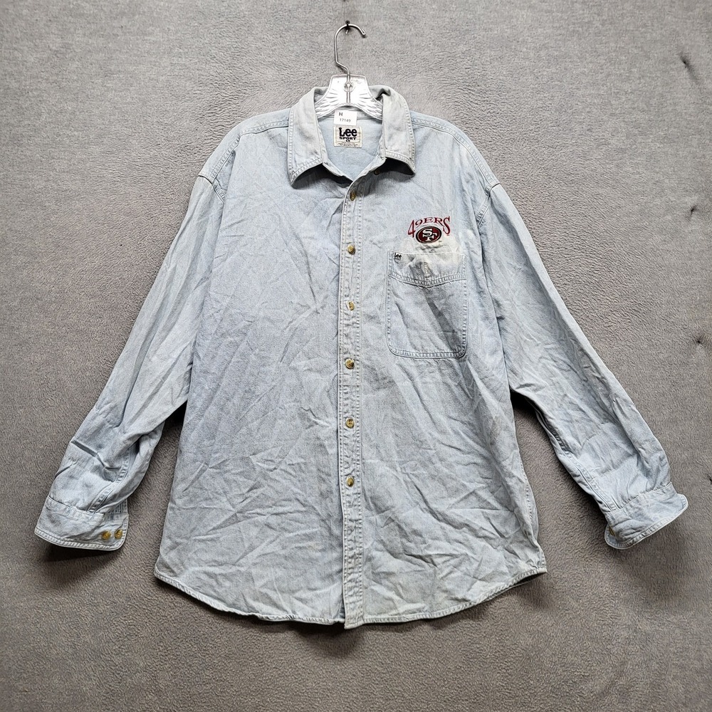 VINTAGE San Francisco 49ers Men Button Up Shirt L Light Blue Denim Logo Lee READ